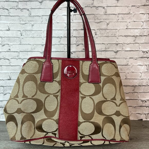 Coach Framed Kiss lock Carryall Tan And Red Stripe F17424 Signature Purse - Picture 1 of 6